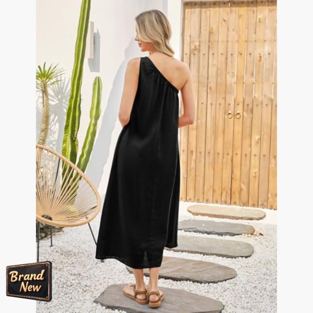 Linen Maxi Dress One Shoulder Sleeveless with Pockets Summer Casual - Picture 6 of 7